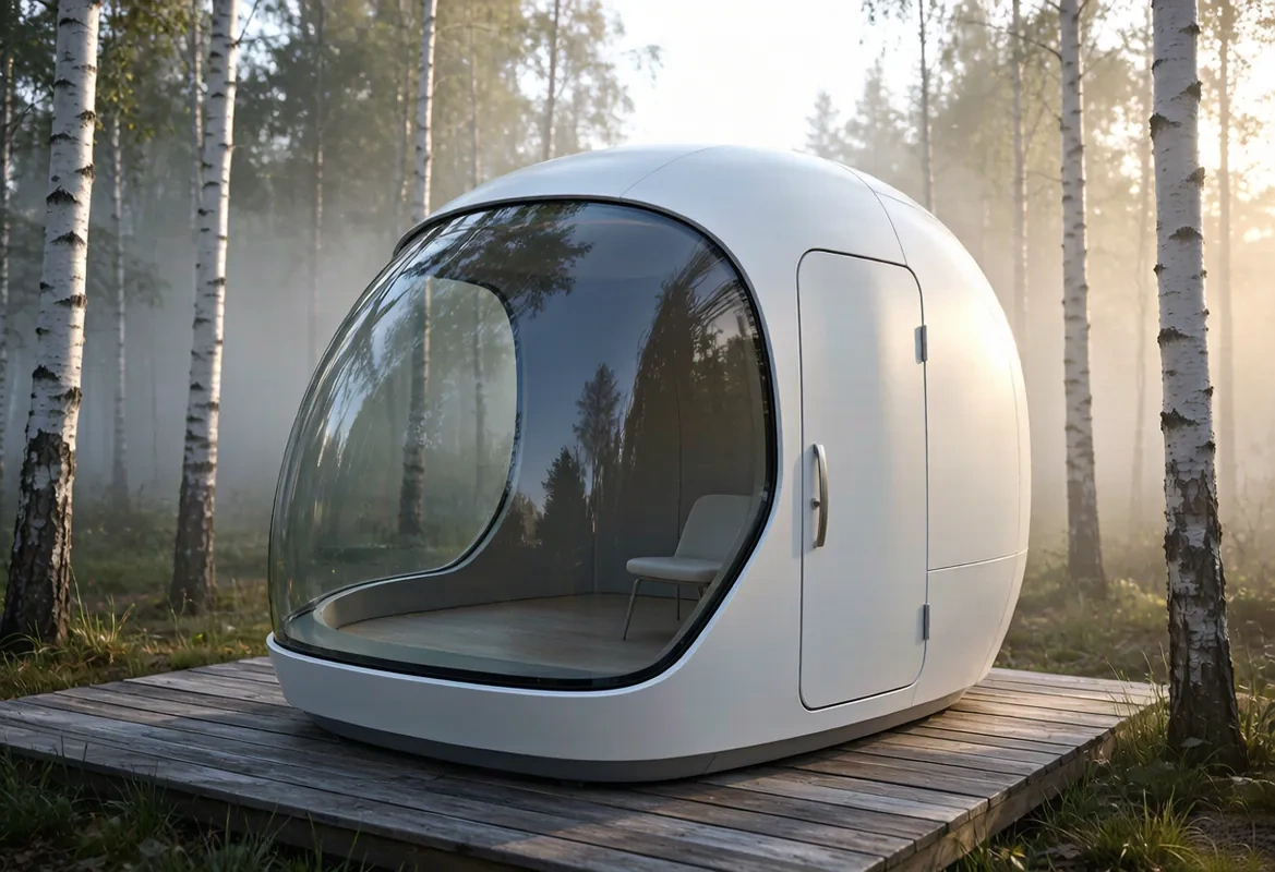 Compact capsule home in a birch forest