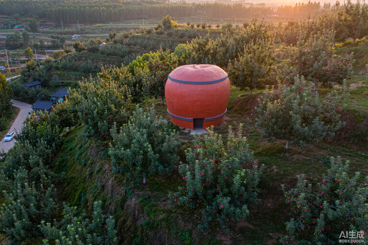 Orchard hillside with a compact rounded apple cabin pod among fruit trees in morning light