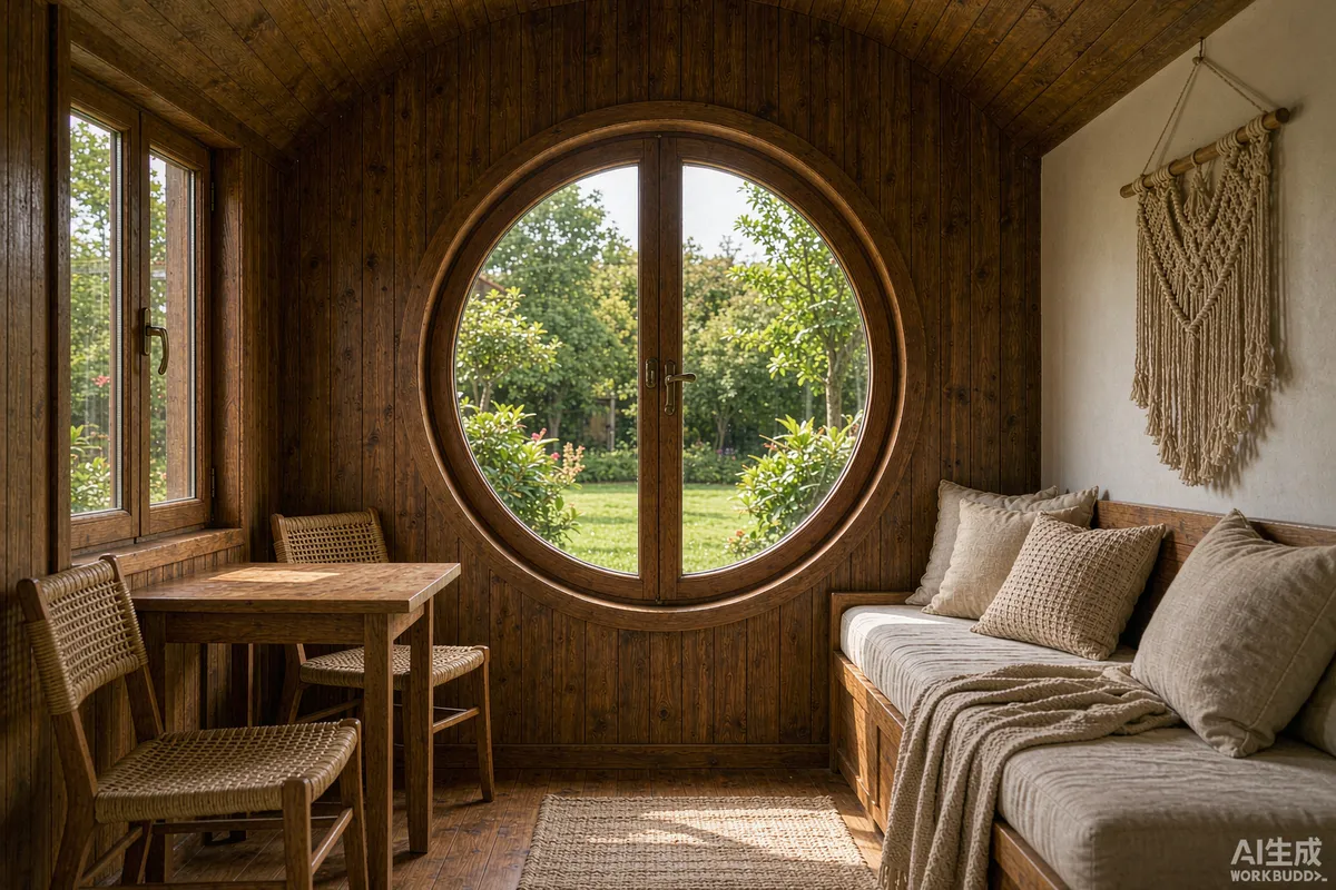 Timber clad cabin pod interior with warm wood panelling and a large round window overlooking a garden