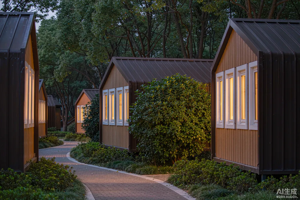 Resort pathway lined with small apple cabin pods glowing warmly at dusk