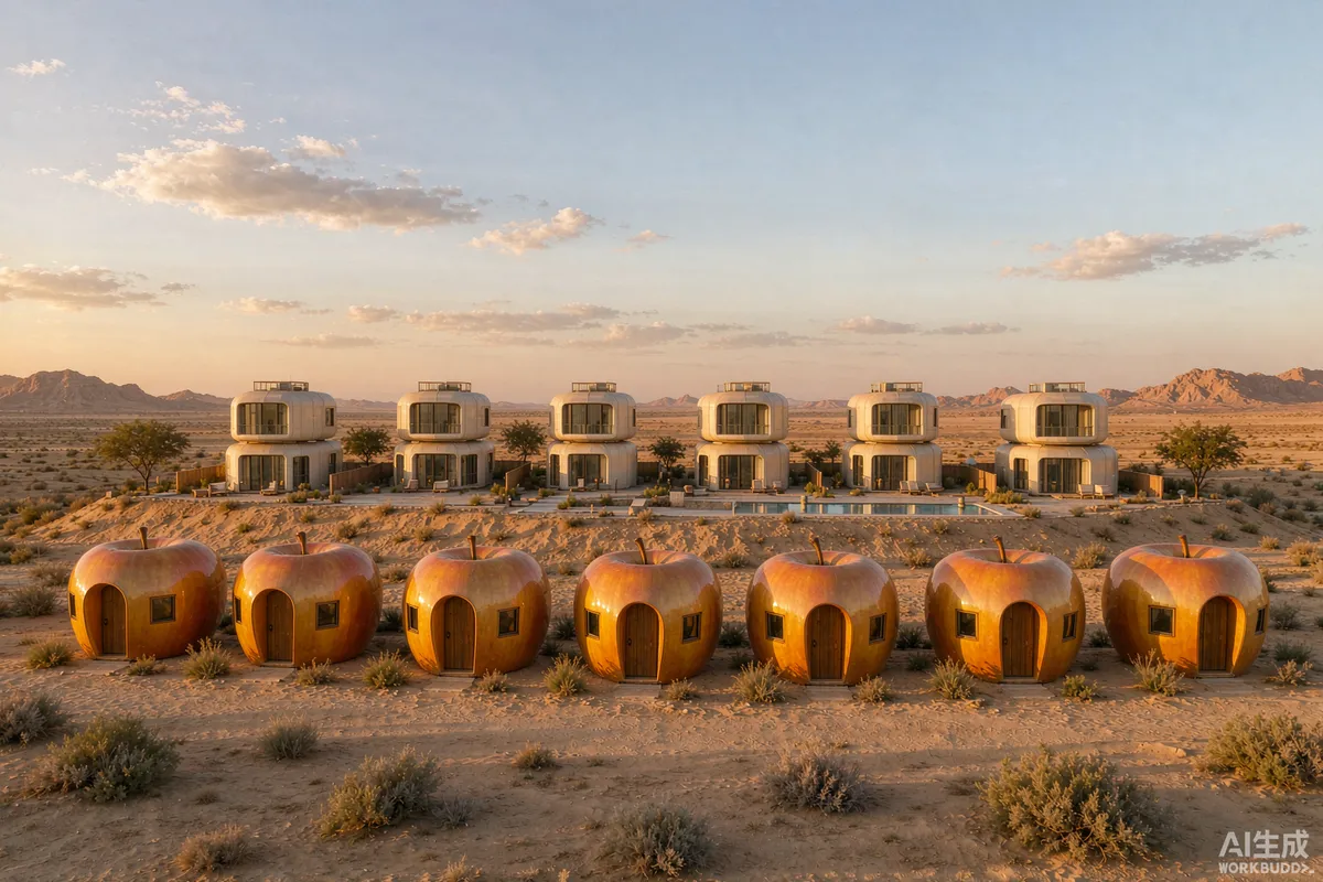 Row of rounded apple cabin style units with taller two storey capsule houses behind on a golden Saudi desert plateau