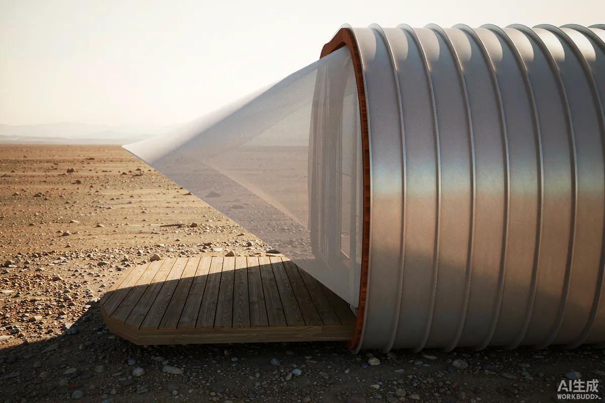Compact apple cabin unit with curved shell panels and a shaded timber entry deck on arid gravel ground