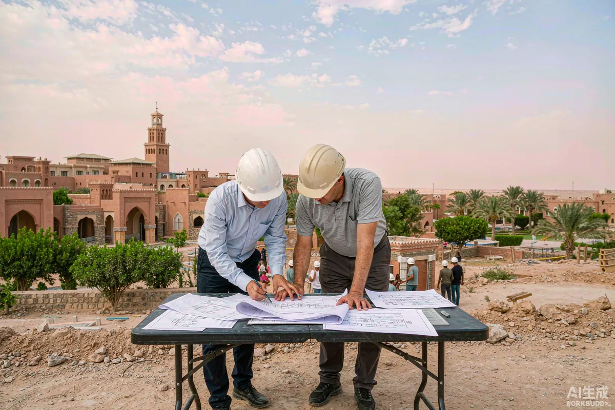 Two engineers comparing printed floor plan drawings on a folding table at a desert resort construction site