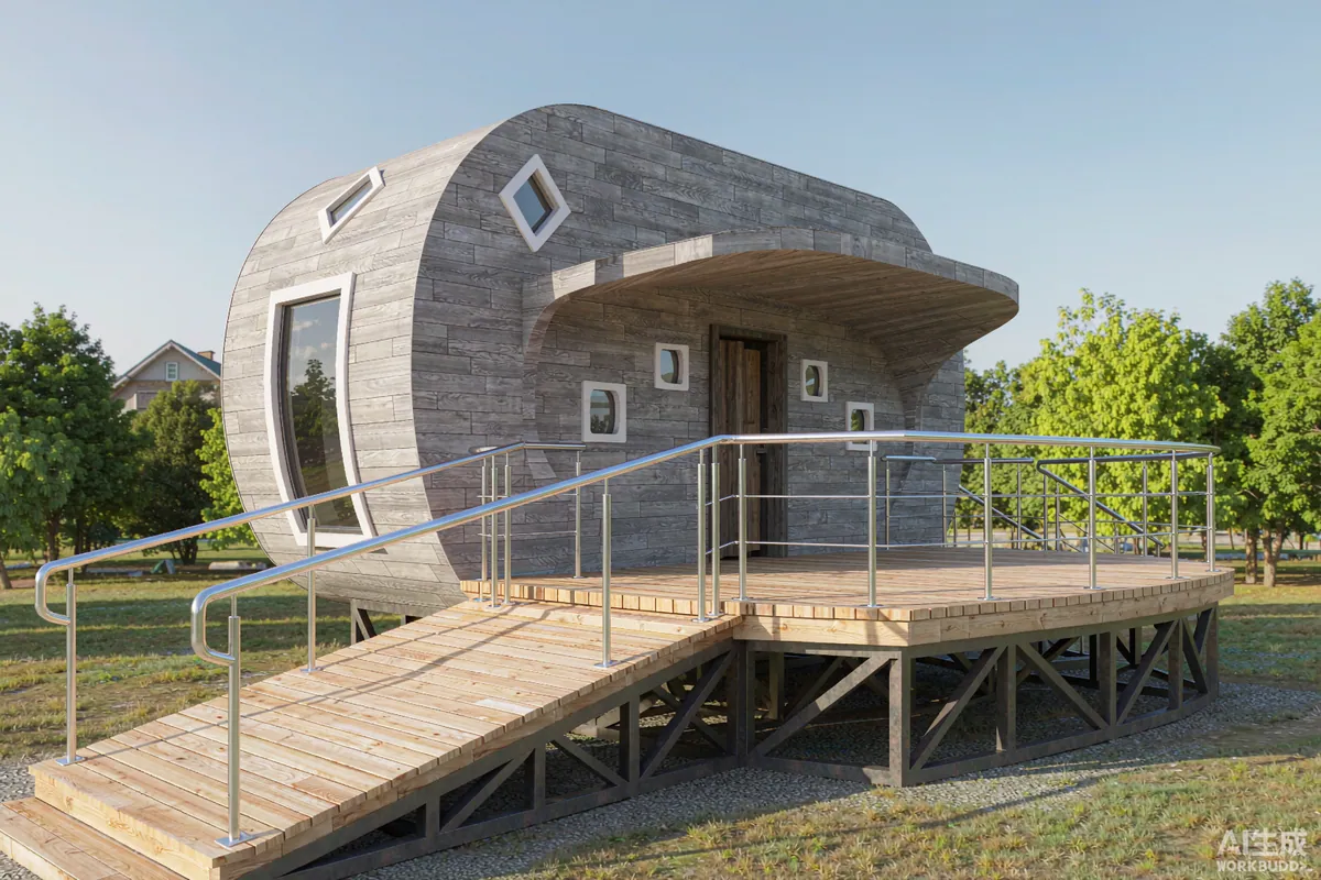 Timber accessibility ramp with handrails leading to the entrance of a space capsule house