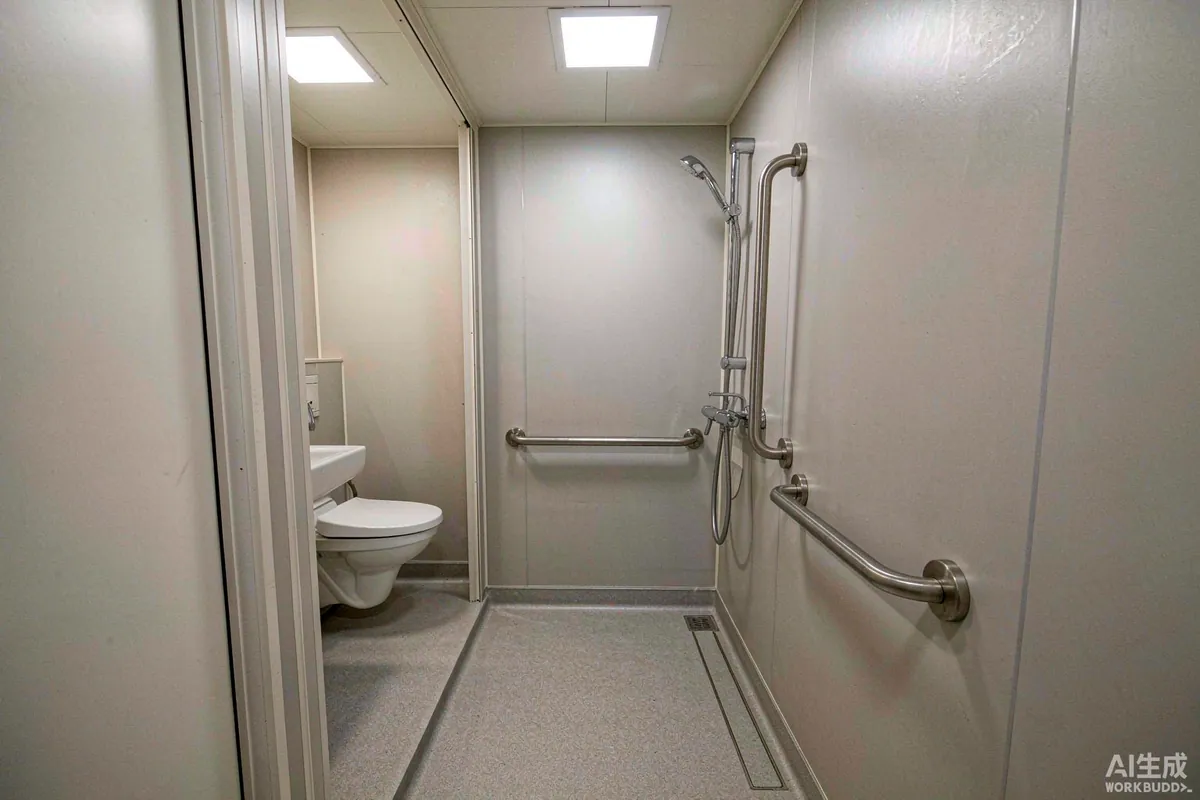 Compact accessible wet room inside a capsule home with grab rail and low threshold shower