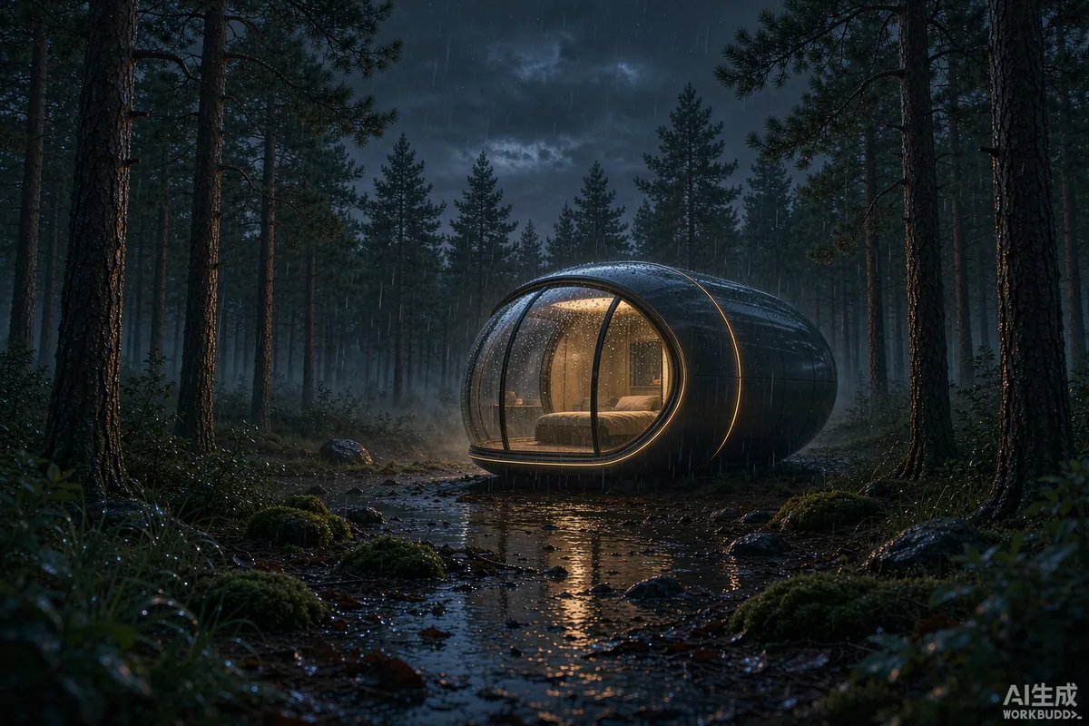 Capsule home glowing warmly in a pine forest at night with rain on the panoramic glass
