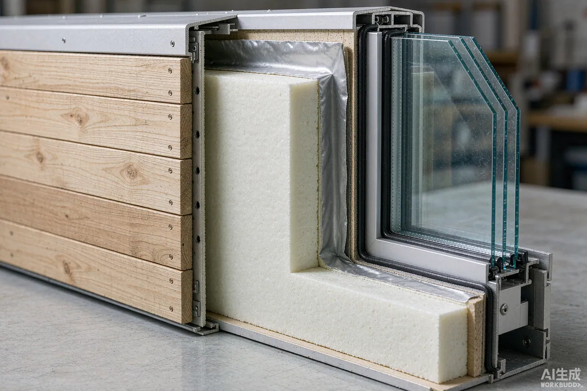 Close-up cutaway of a capsule home wall panel showing insulation layers and glazing edge
