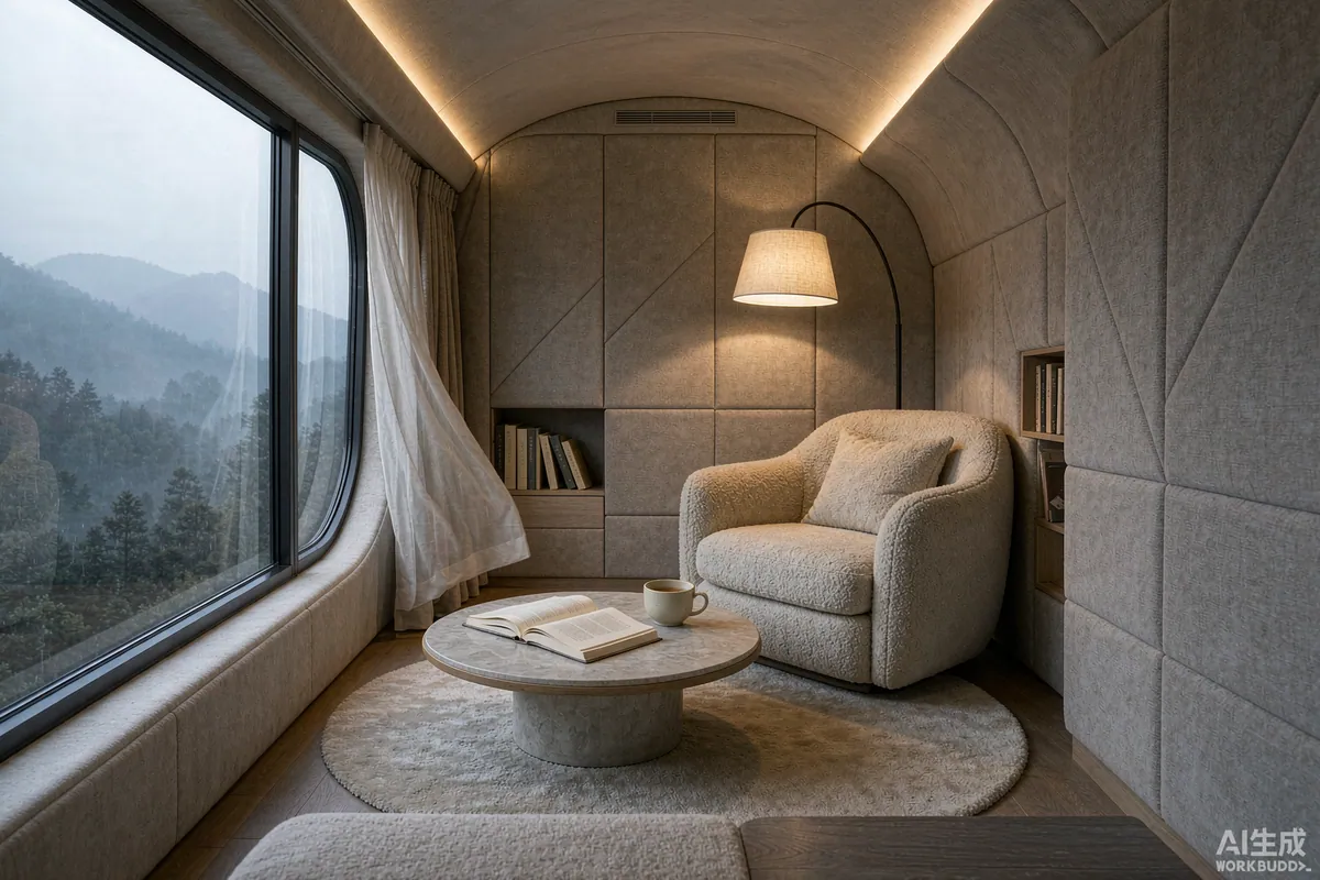 Quiet reading nook inside a capsule home with fabric acoustic wall panels and a panoramic window