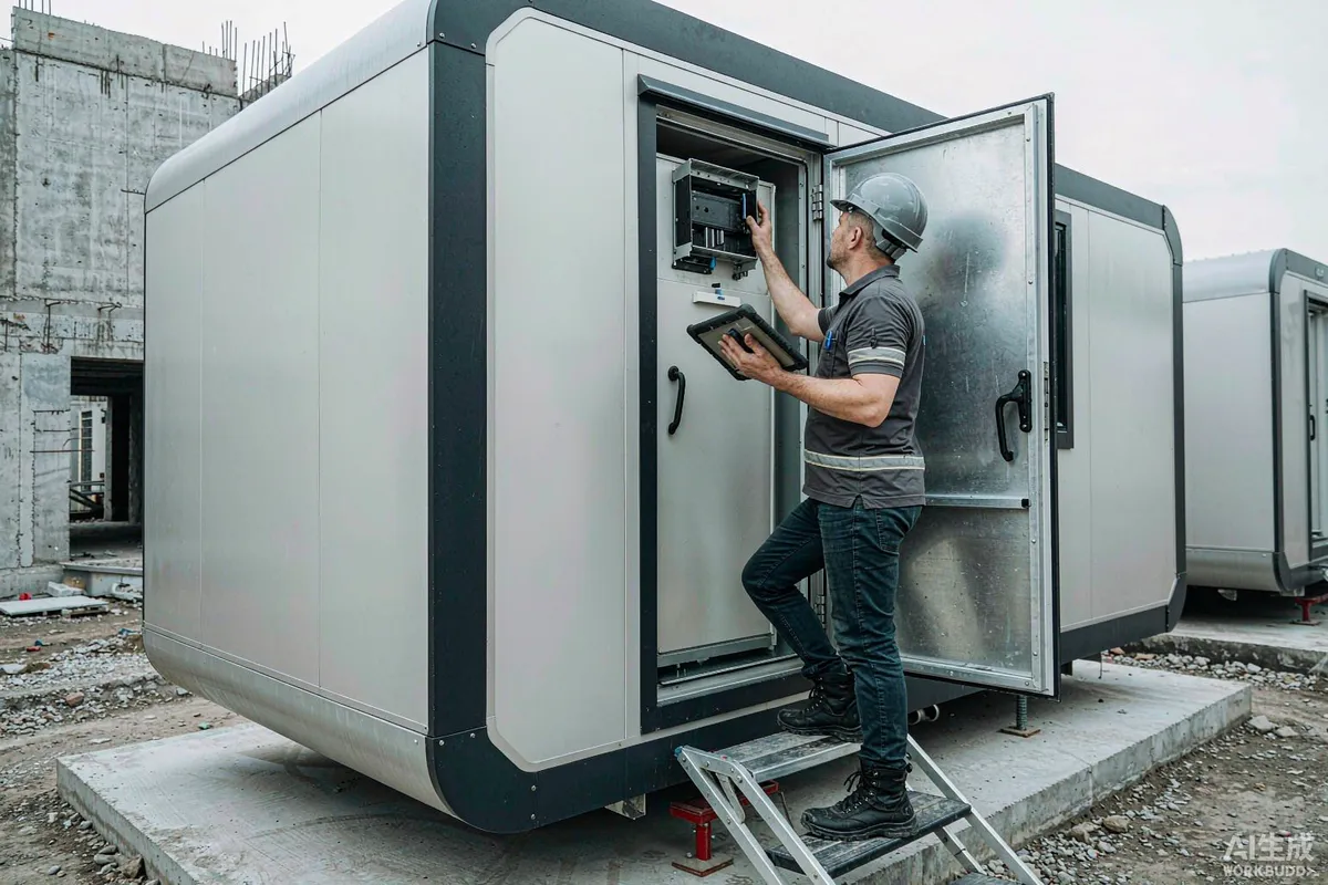 Service technician inspecting the electrical panel of a prefab space capsule home with a tablet