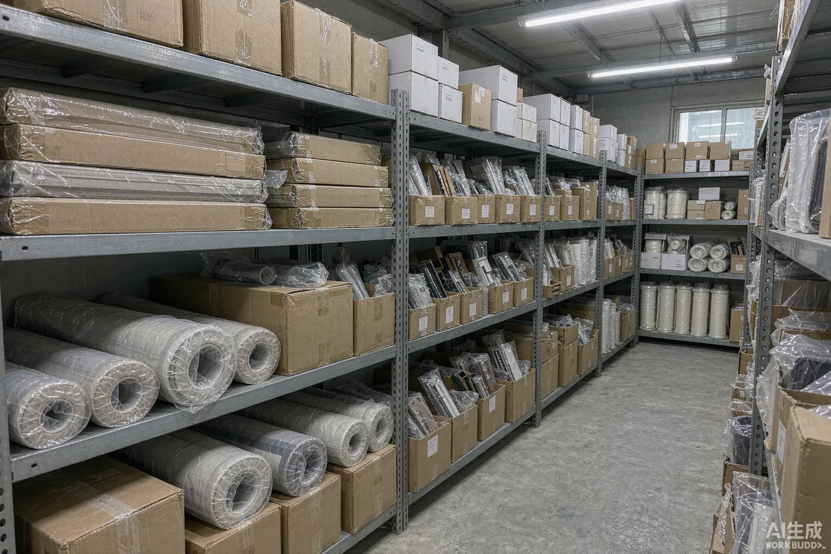 Shelved spare parts store with boxed window seals, door locks, light fittings and filter cartridges