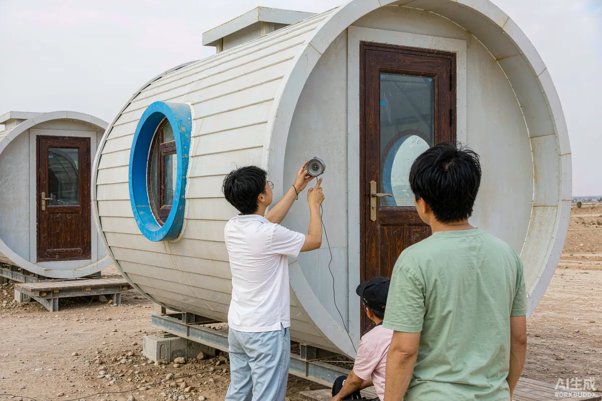 Two people beside a prefab space capsule home, one demonstrating a component to the other