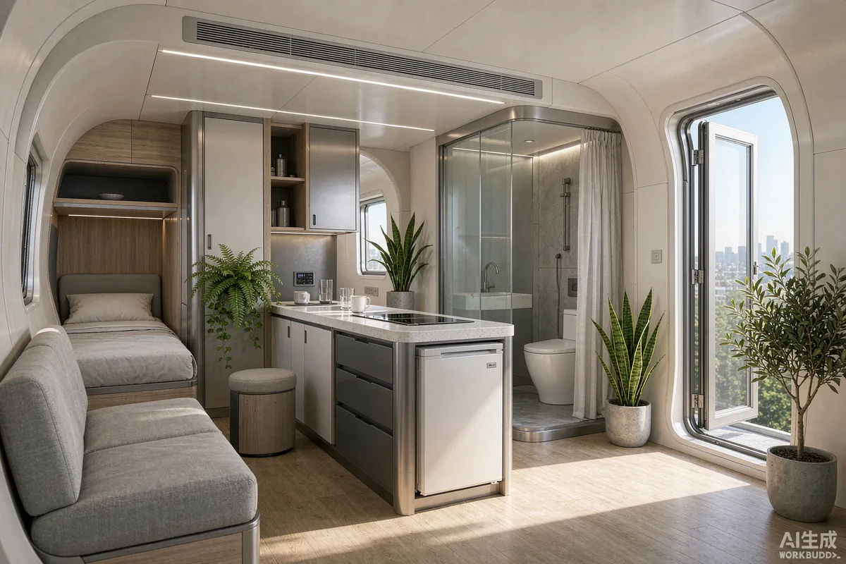 Interior of a modern prefab space capsule home with an open window and a ceiling ventilation grille