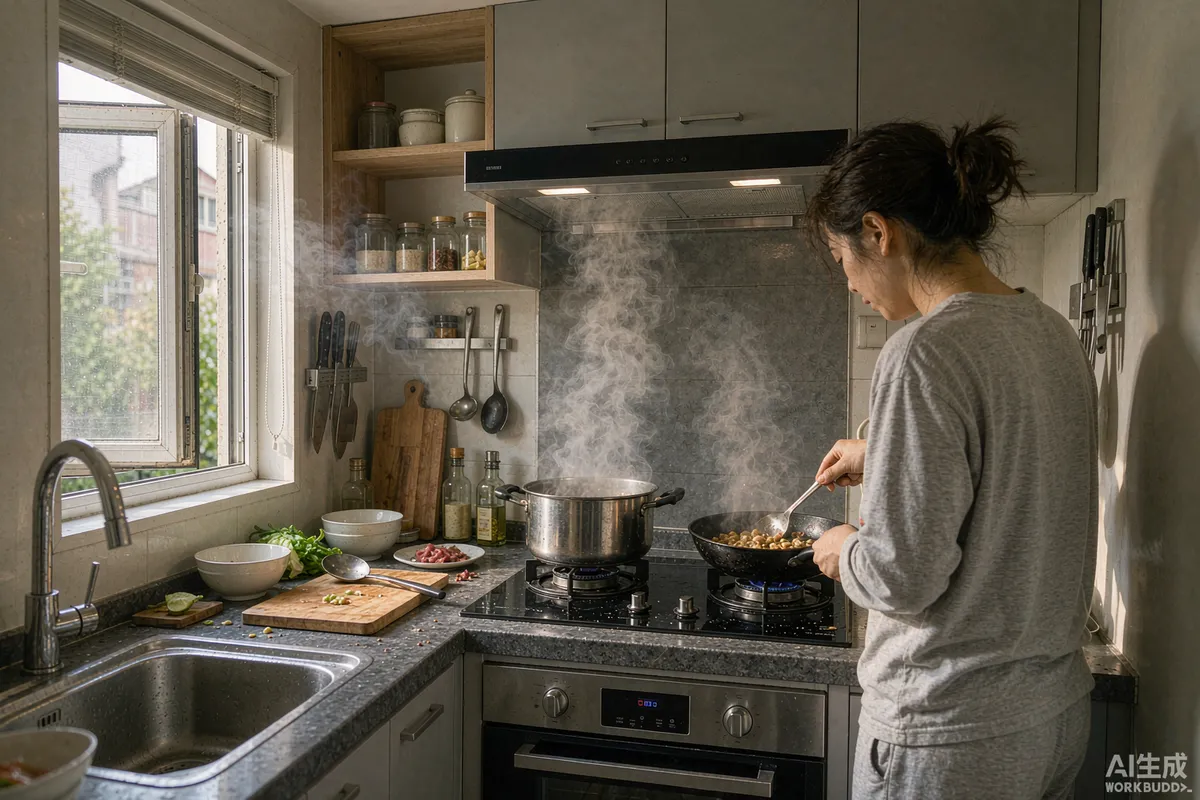 Person cooking on an induction hob in a small capsule home kitchen with a cooker hood running