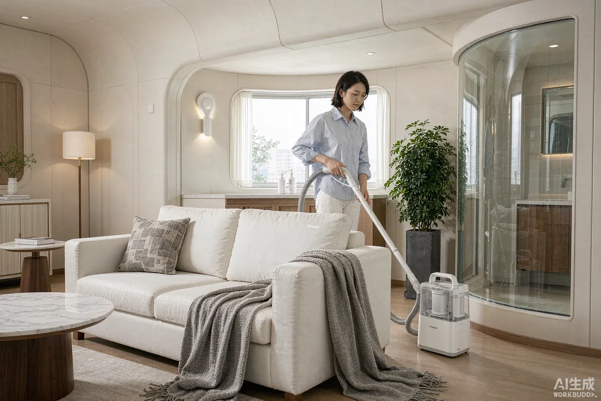 Cleaner vacuuming a sofa inside a compact capsule home with a filtered vacuum machine