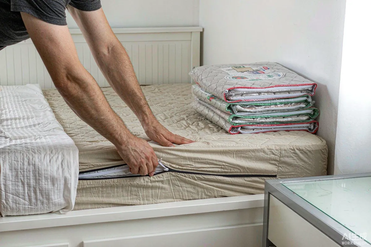 Hands fitting a zippered mattress protector onto a bed in a rental unit with spares folded nearby