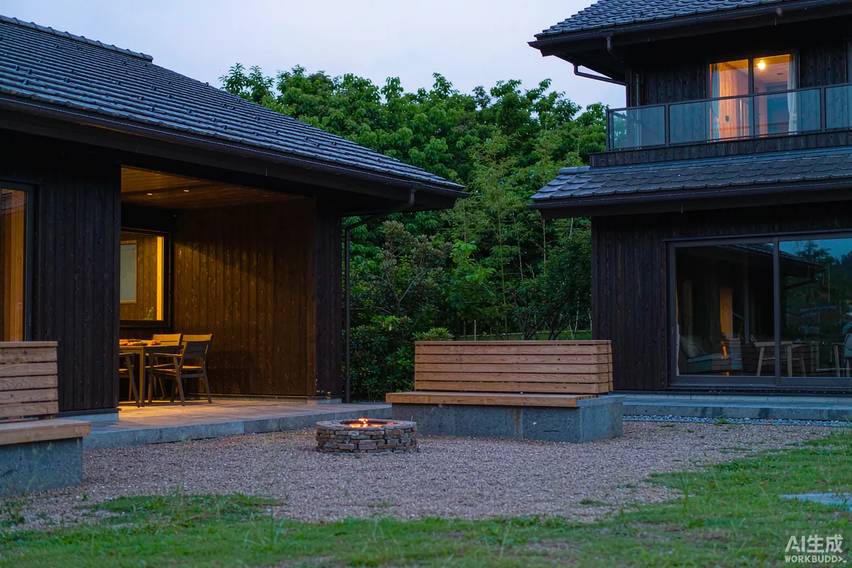 Evening at a capsule home park with a stone fire pit and timber seating between two units