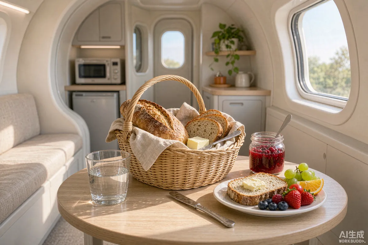 Breakfast hamper basket with bread, fruit and preserves on a small dining table inside a capsule home