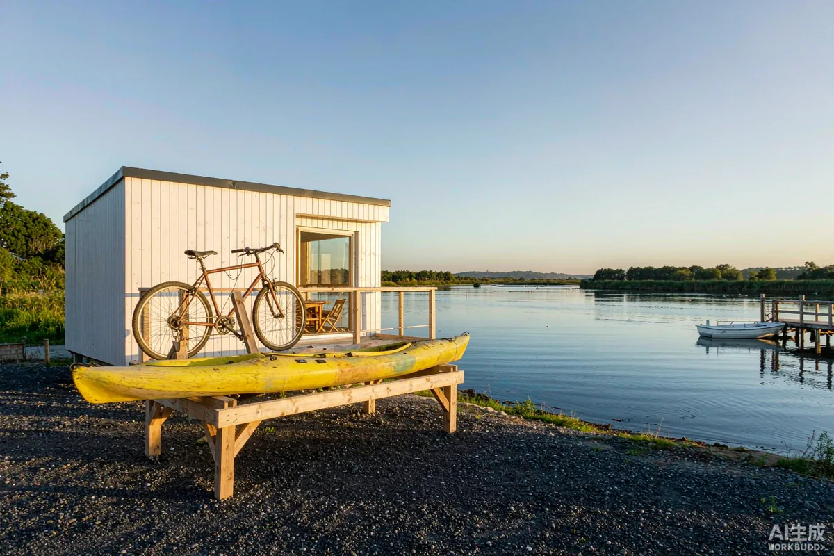 Kayak and bicycle rack beside a prefab capsule home near a lake shore with equipment neatly stored