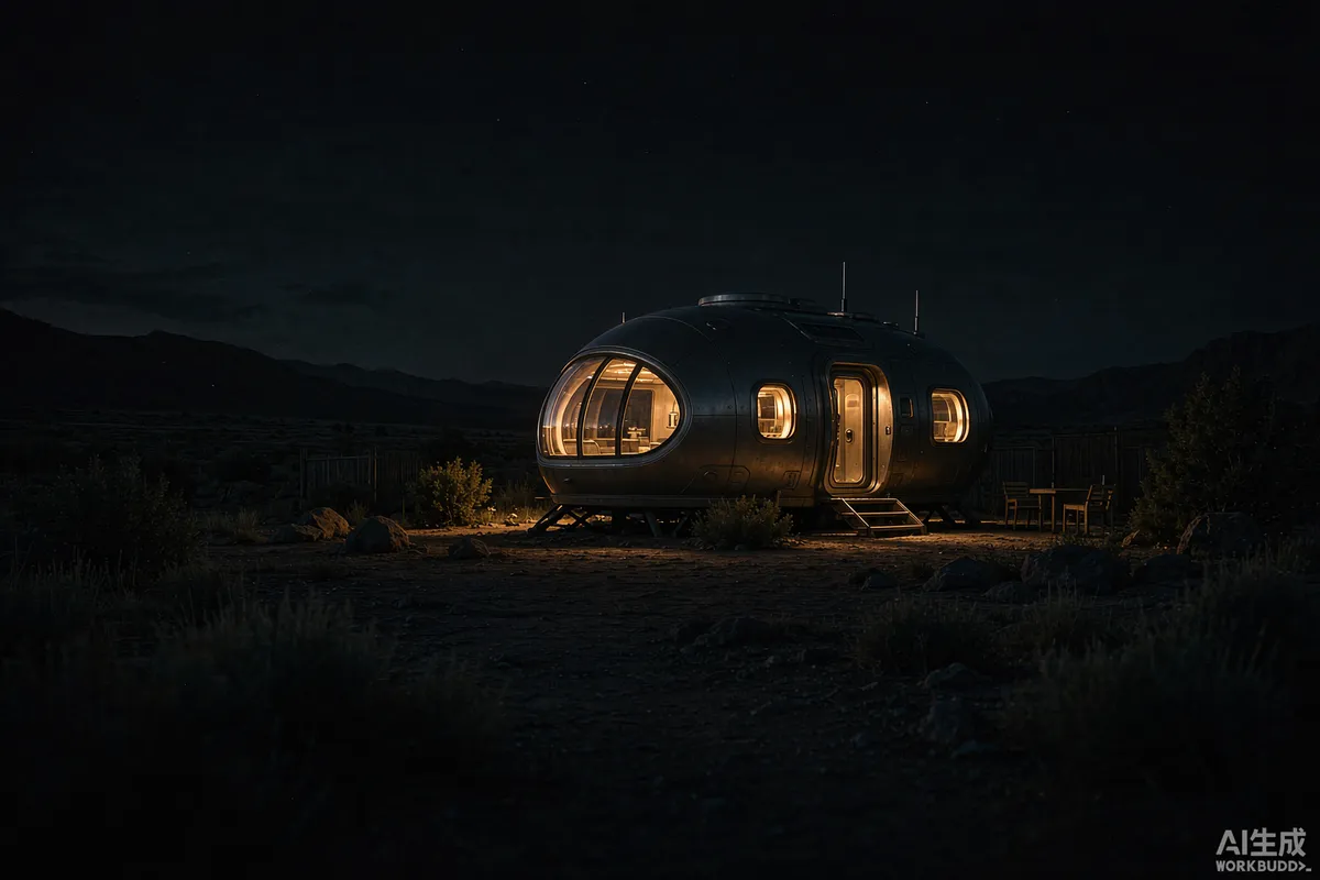 A space capsule home at dusk with interior lights on while surrounding properties are dark during a power outage