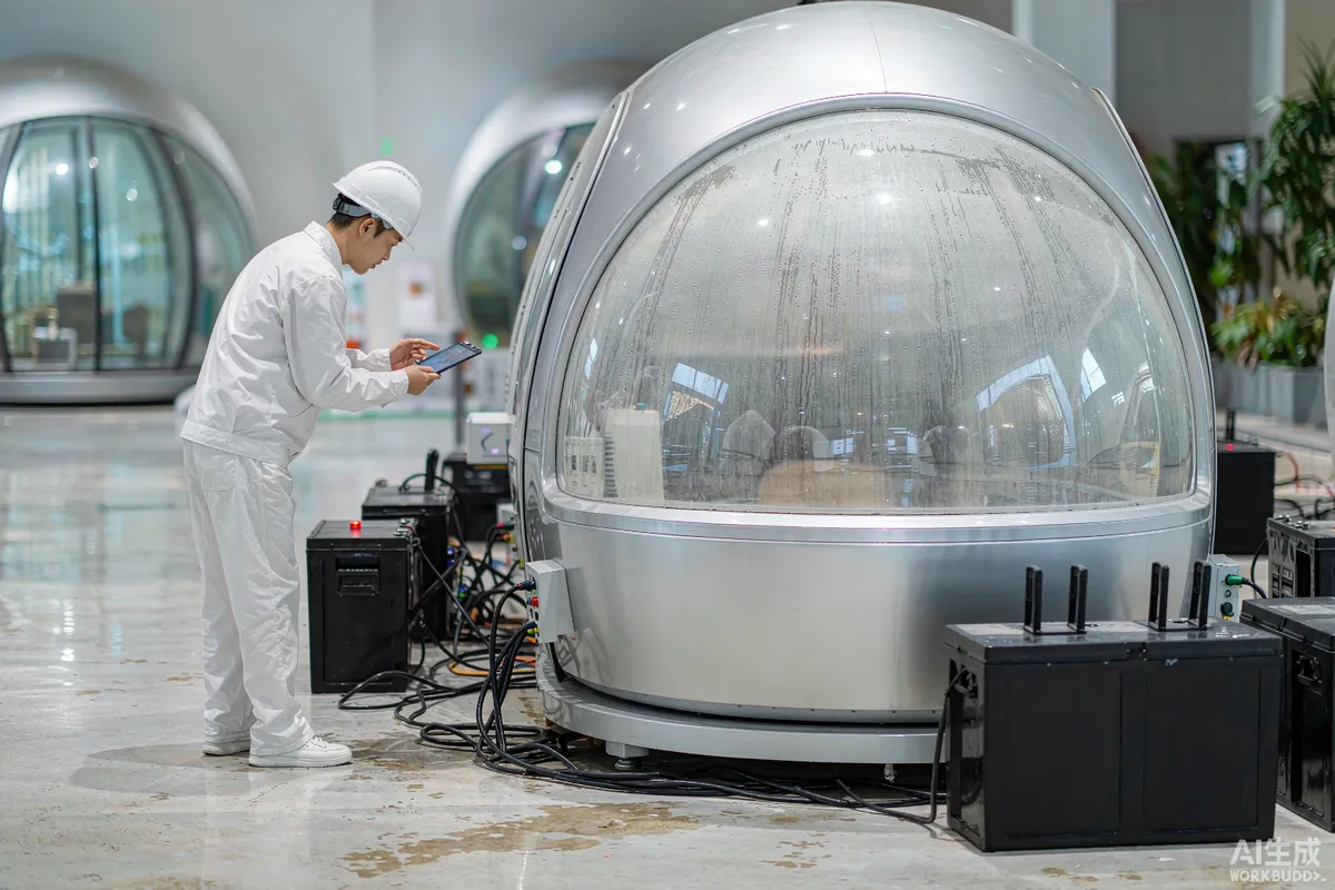 Facility technician logging a quarterly backup power test result on a clipboard beside a capsule home