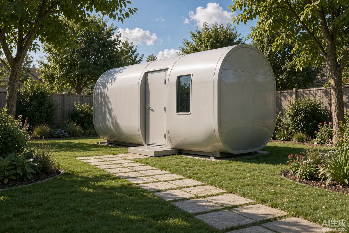 Capsule home placed in a suburban backyard as a garden office with a stone path across the lawn