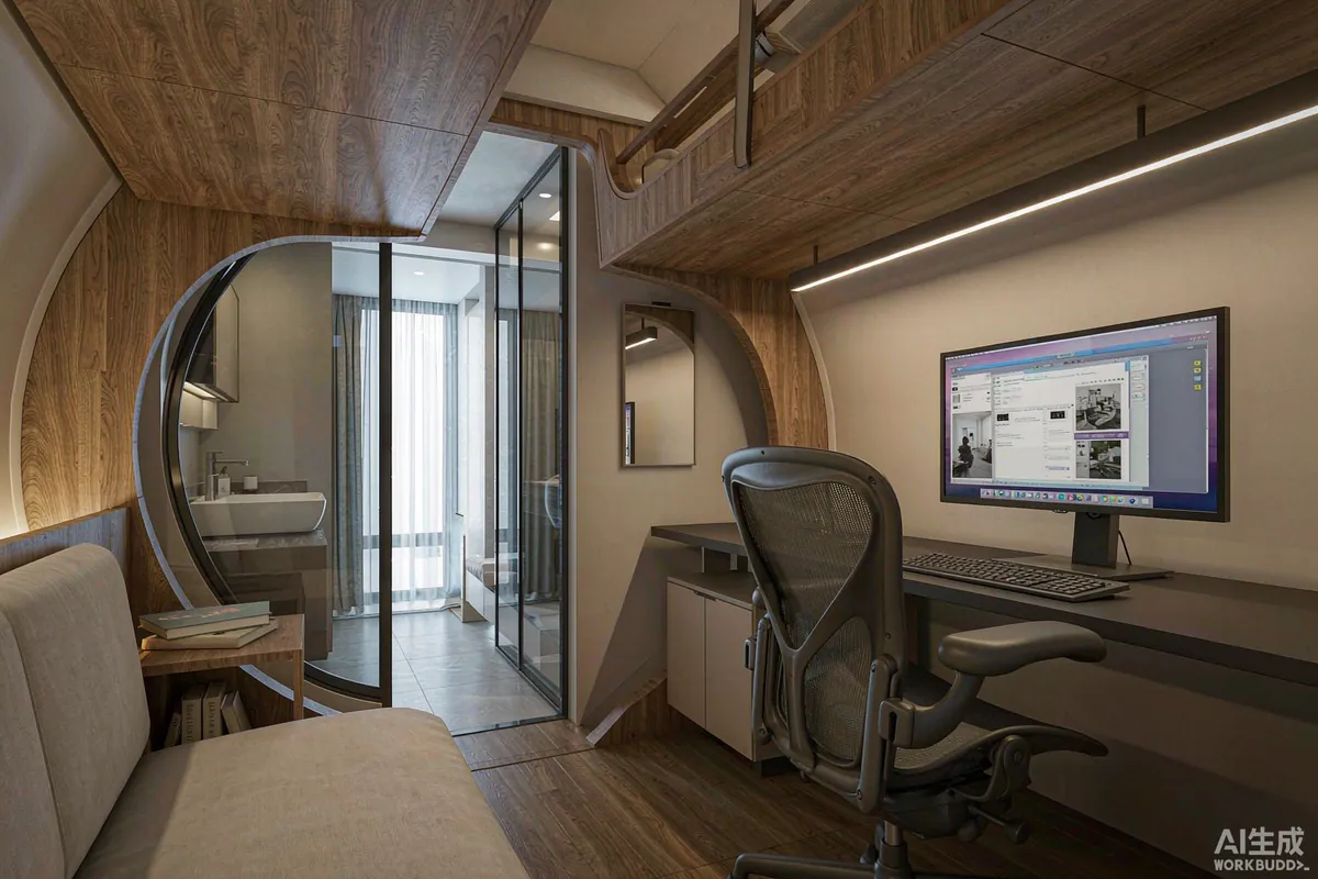 Capsule home interior arranged as a home office with desk, monitor, chair and shelving