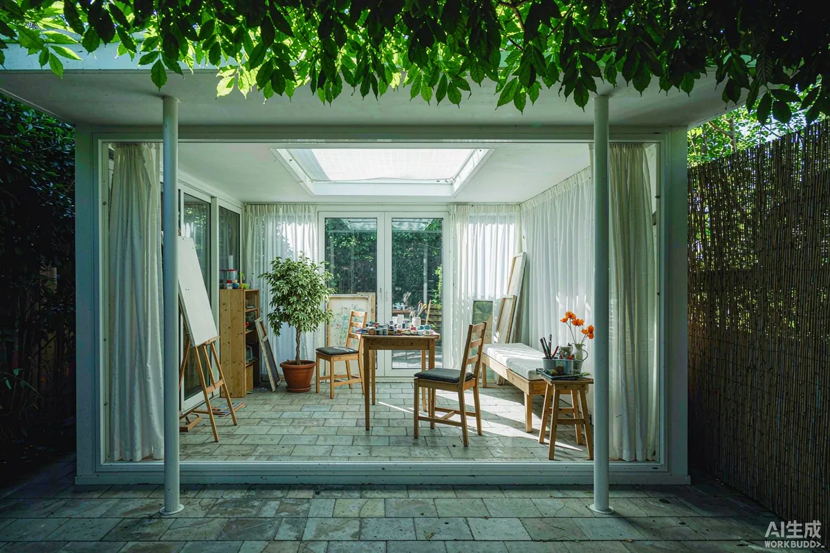 Garden studio capsule home used as an art studio with an easel and soft daylight