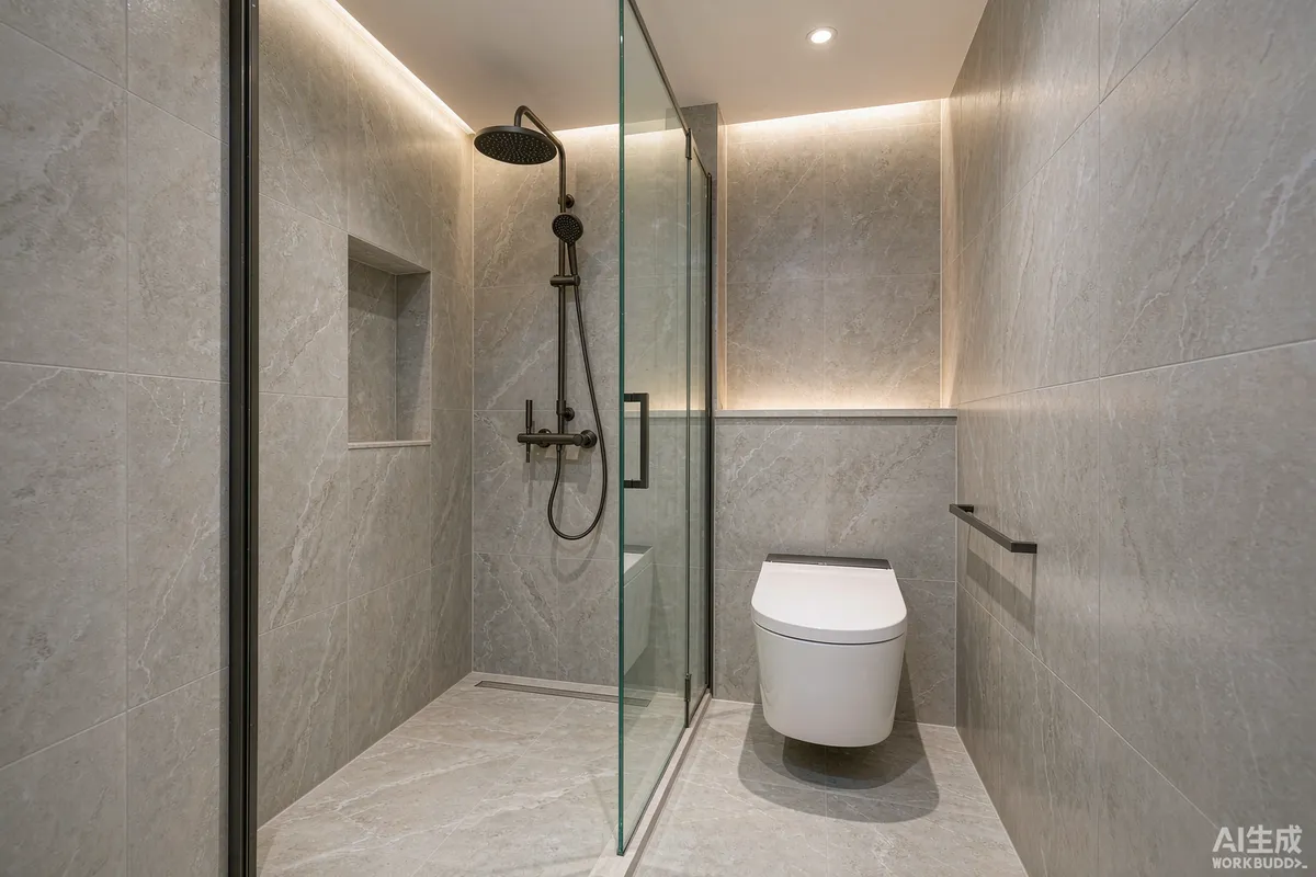 Compact modern wet room bathroom inside a prefab capsule home with a walk-in shower and large format tile