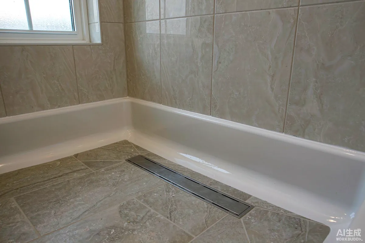 Tiled shower floor drain and waterproofing detail in a prefab bathroom
