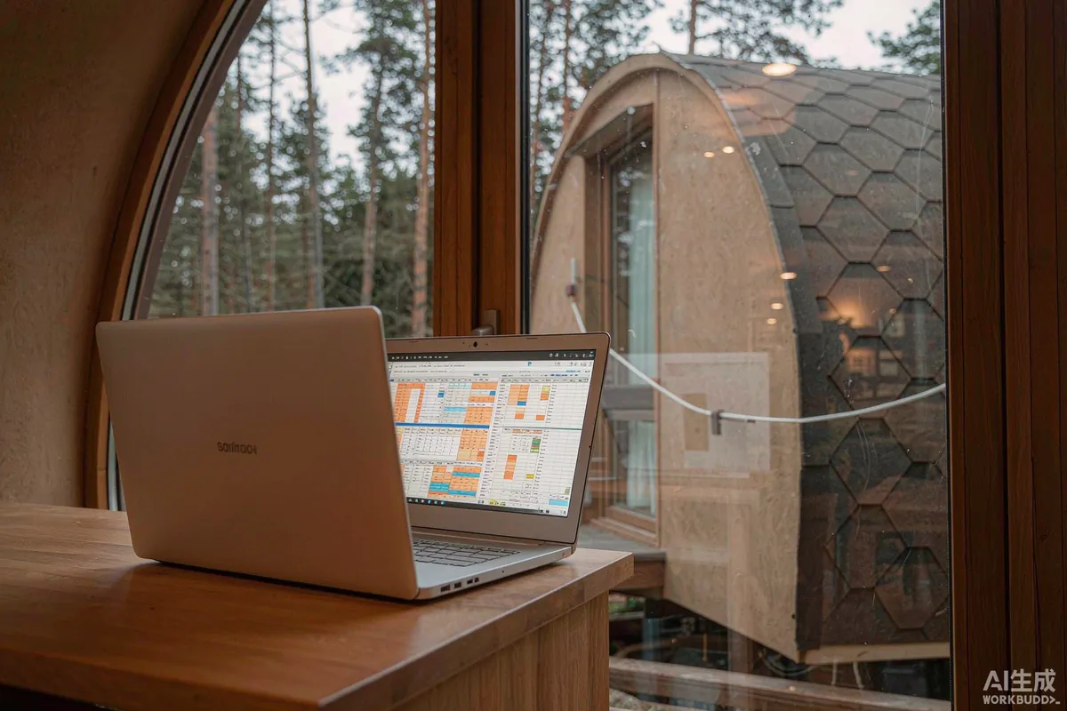 Laptop showing a vacation rental booking calendar beside a large capsule home window with a forest view