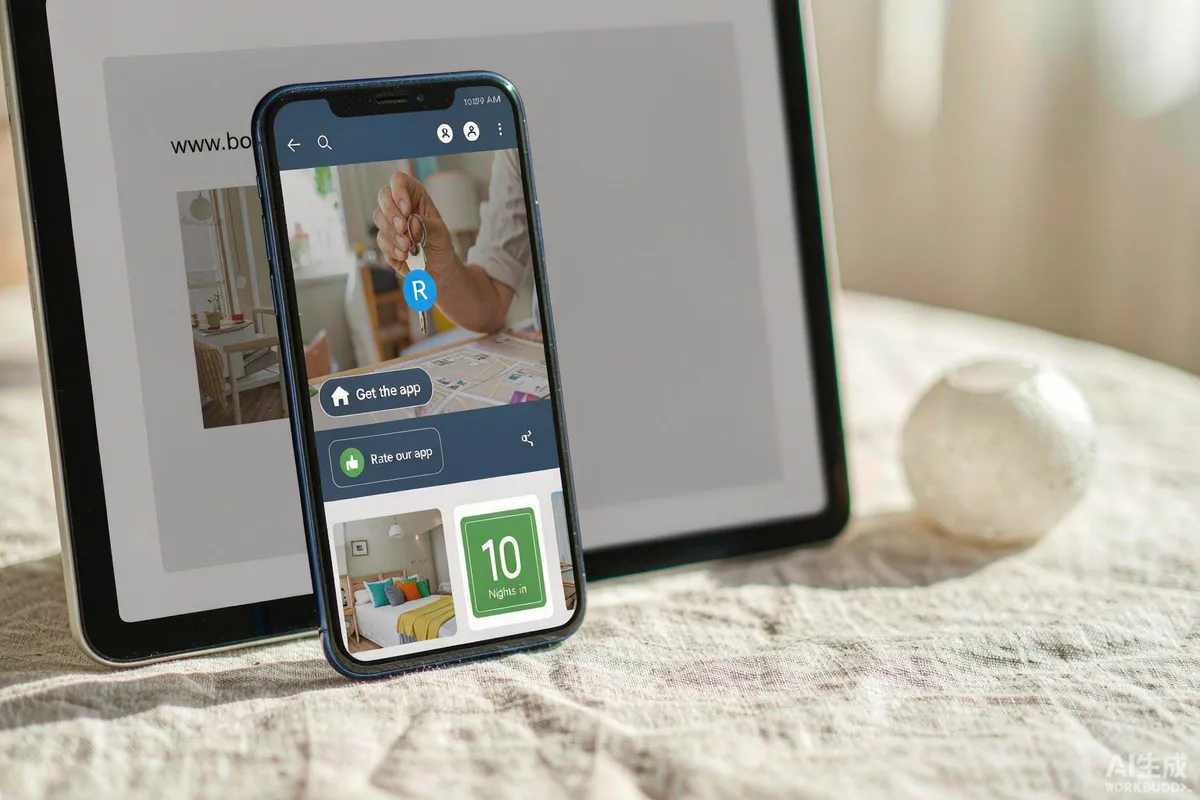 Smartphone showing a rental listing app next to a tablet displaying a direct booking website