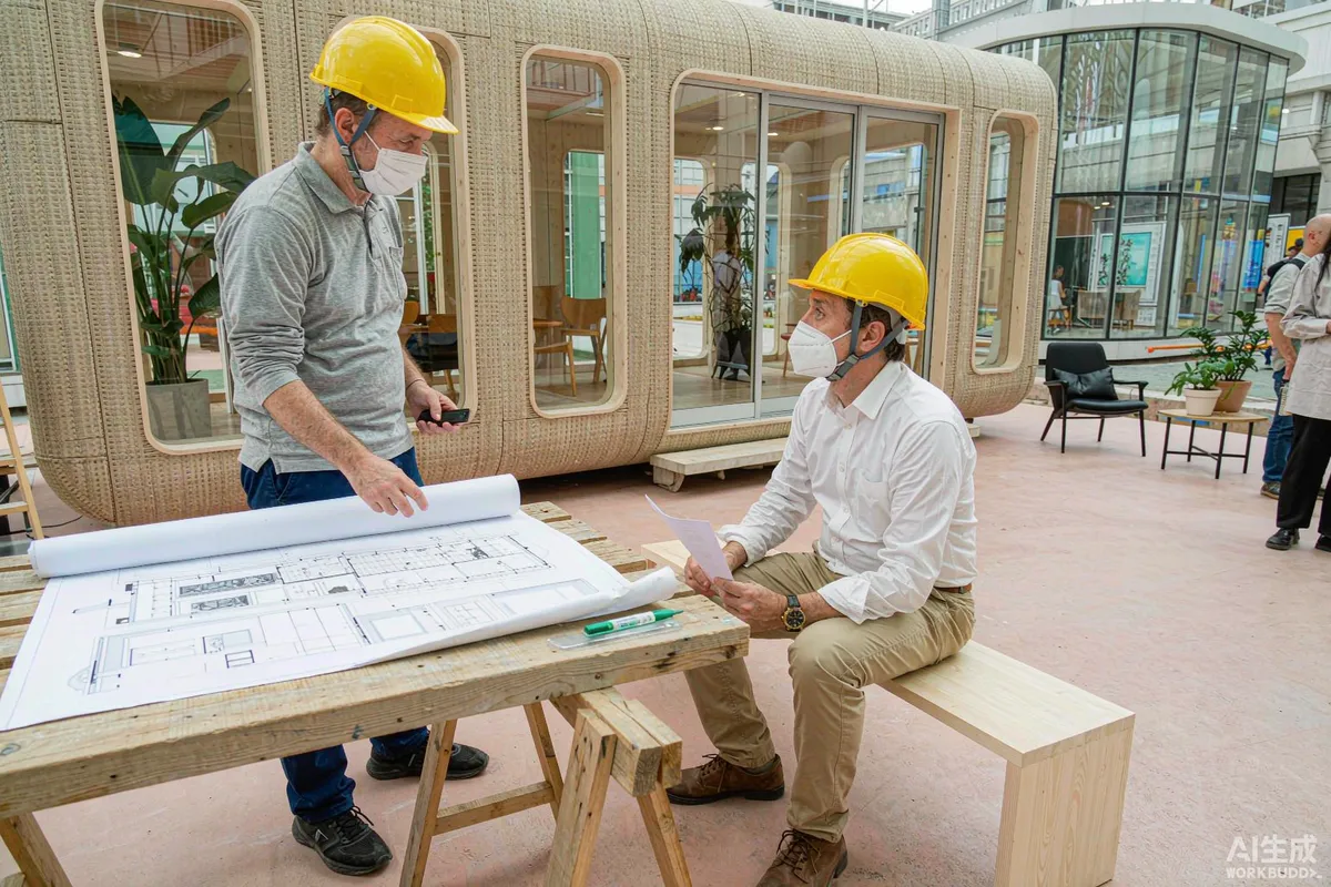 Site meeting with a contractor and supervisor reviewing a rolled drawing sheet on a trestle table at a capsule home installation