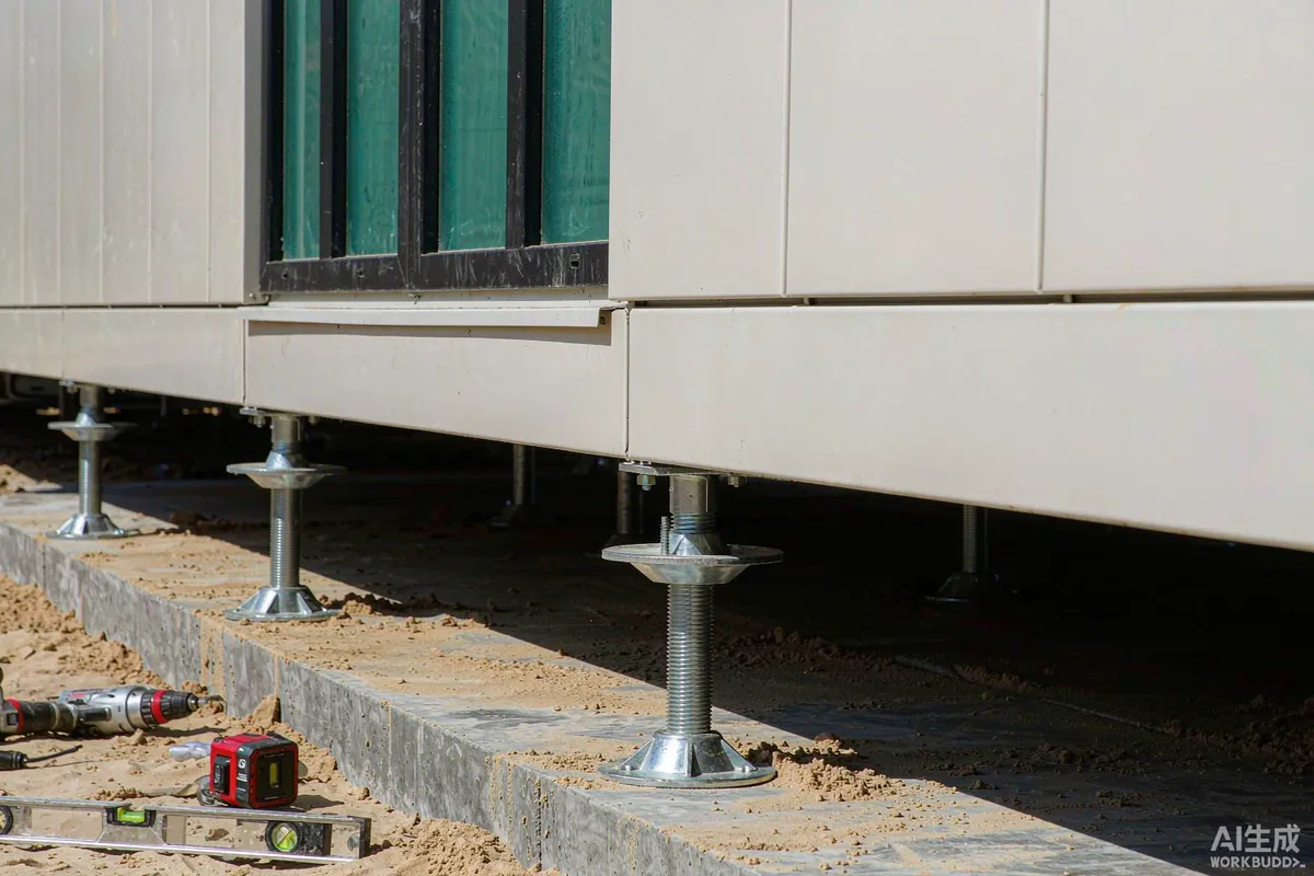 Close-up of adjustable steel support feet and a spirit level being used to level a prefab capsule home