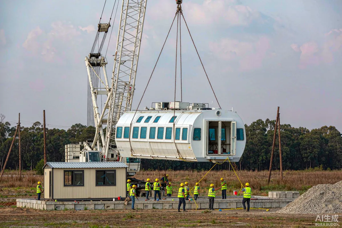 Mobile crane lowering a white prefab capsule home onto foundation blocks with a site crew guiding it