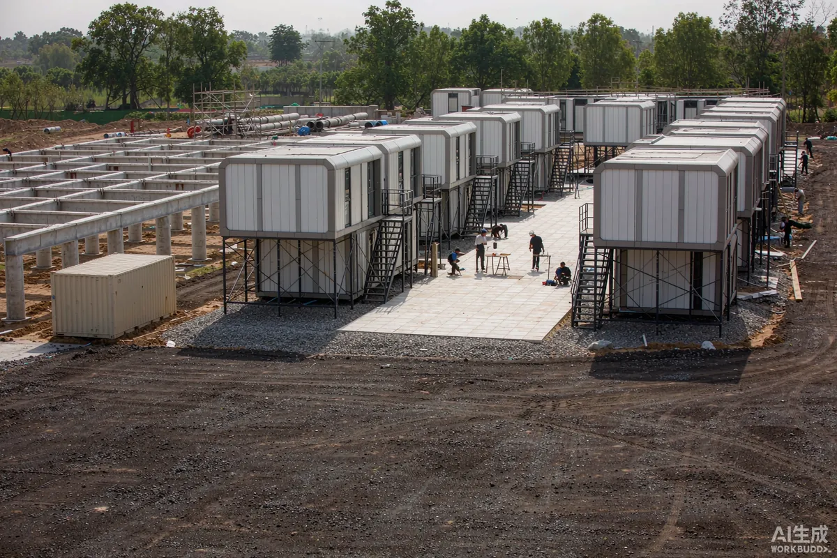Capsule home park under construction with a newly compacted gravel access road and units being positioned