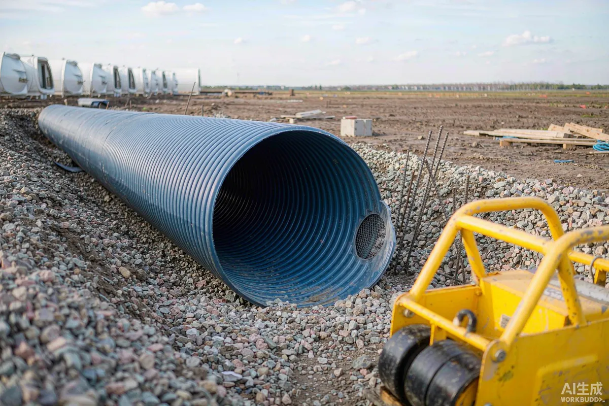Drainage pipe laid in a gravel-bed trench during site works at a capsule home park