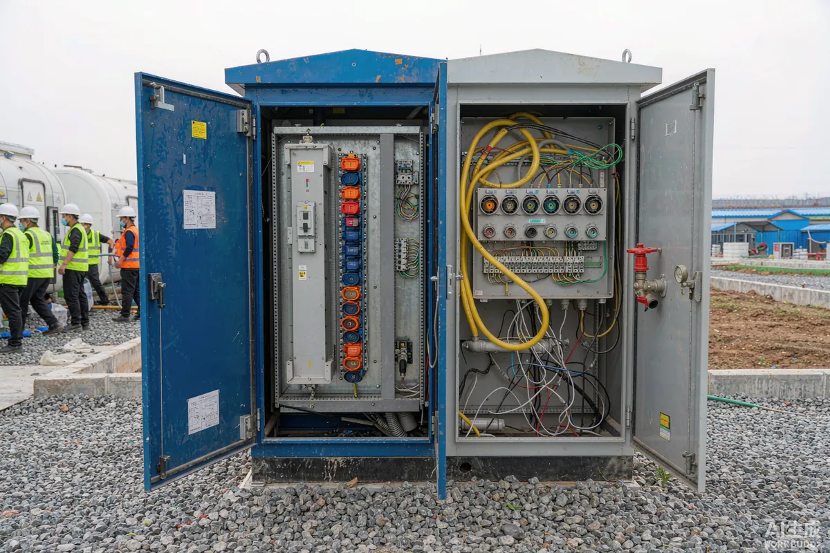 Temporary site power distribution board and utility connection point at a new capsule home park installation