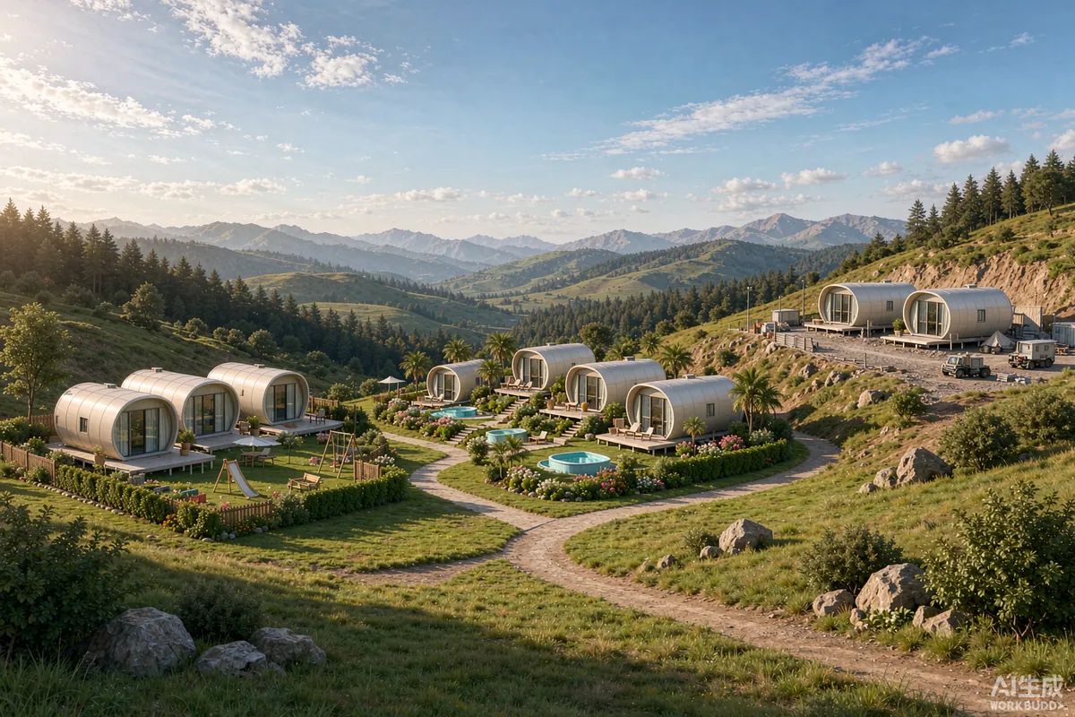 Wide landscape with three capsule homes serving different uses across rolling hills