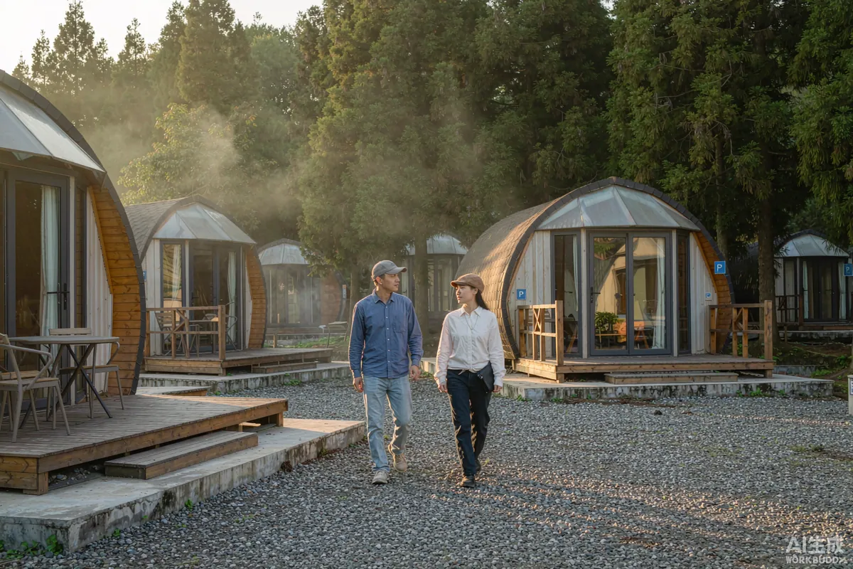 Resort owner couple walking through a capsule home glamping site in the morning