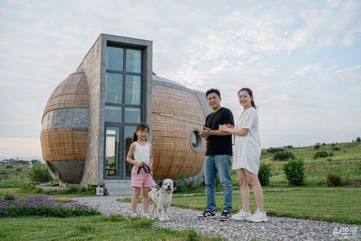 Young family standing outside a capsule home on a scenic rural plot