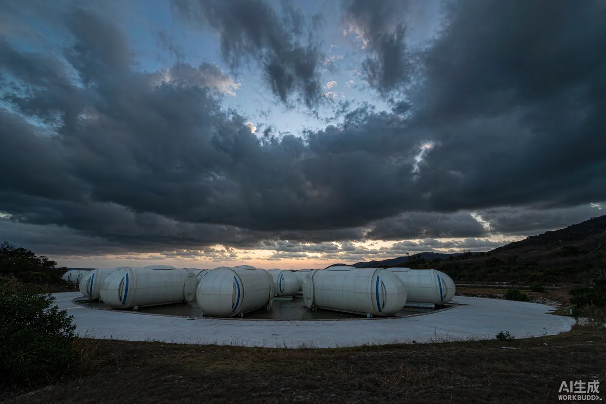Storm clouds over a row of curved space capsule homes on an exposed coastal site
