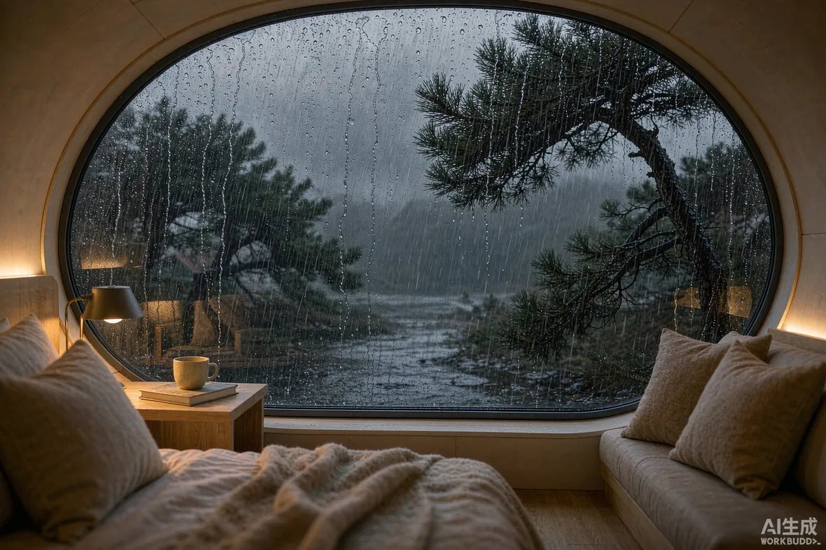 Rain running down the curved panoramic glass of a capsule home with wind bent pines outside