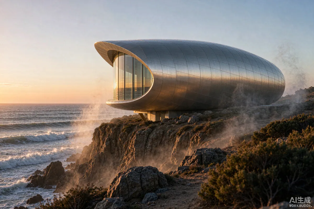 Space capsule house on a coastal cliff above the ocean at golden hour