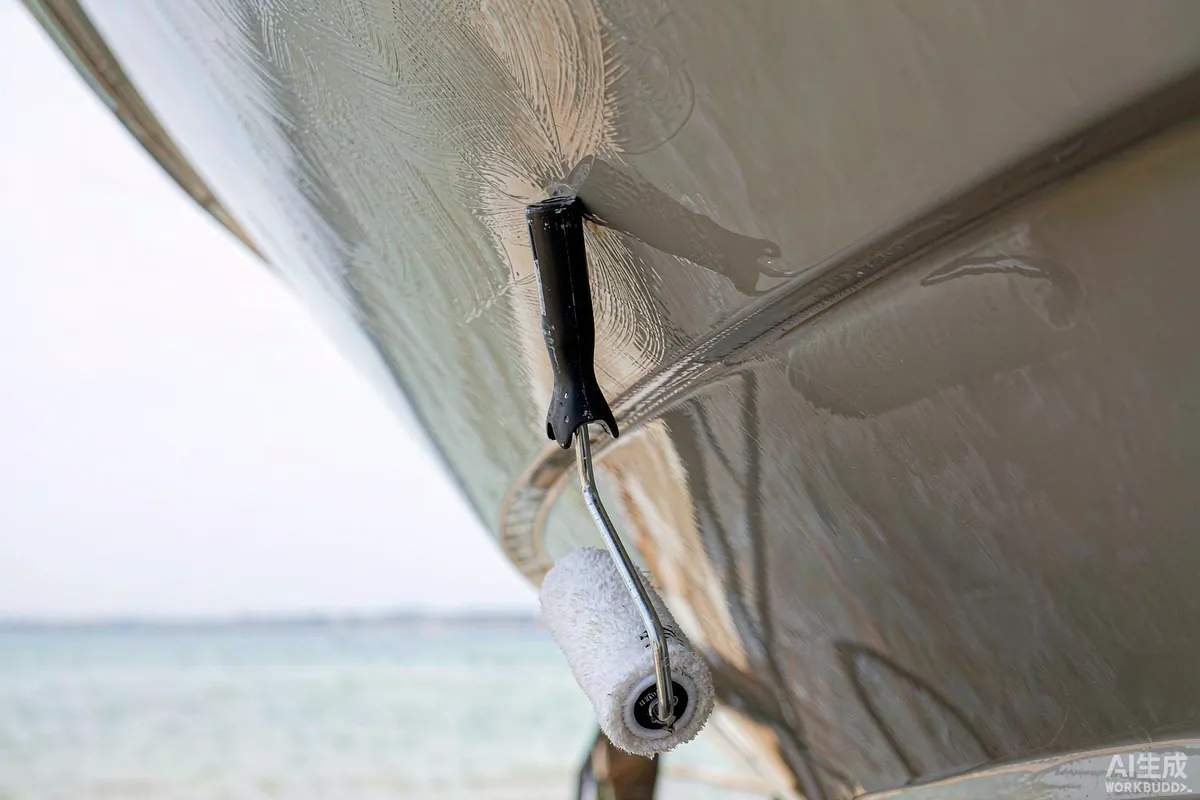 Protective coating being rolled onto a metal panel surface near the sea