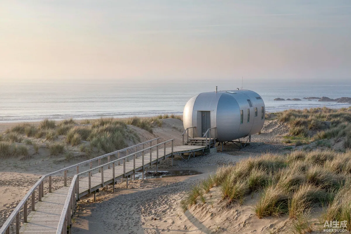 Space capsule house on a timber boardwalk near dunes and sea grass