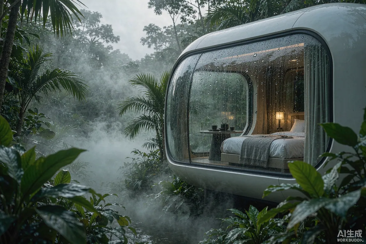 Capsule home in a tropical setting with condensation beading on the panoramic glass in the morning