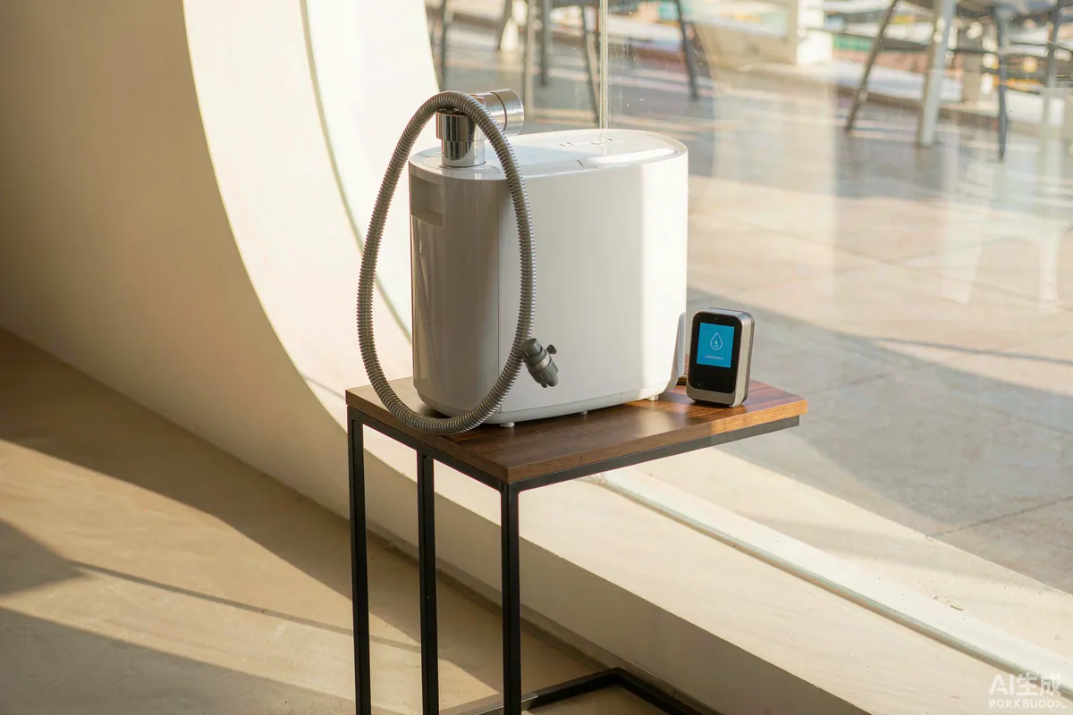 Dehumidifier and hygrometer on a side table beside a capsule home window