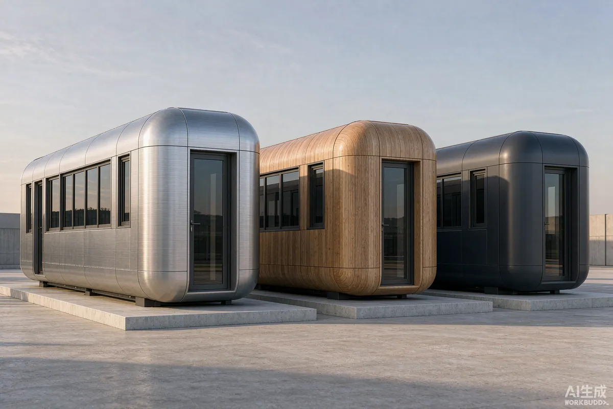 Three capsule homes on a display lot with brushed aluminium, wood grain and matte dark cladding finishes