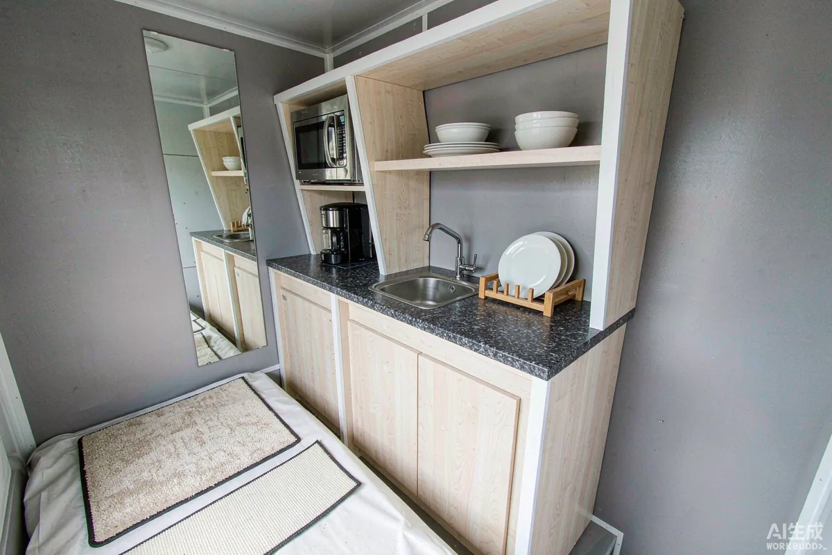 Capsule home kitchenette with light wood cabinets, dark stone countertop and flooring samples