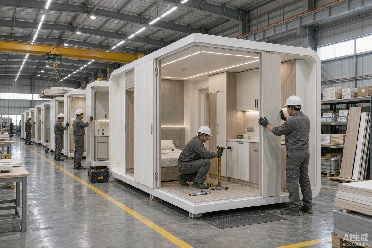 Factory floor where workers install customized interior panels and cabinetry in prefab capsule homes